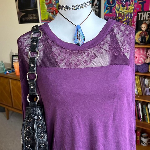 Whimsygoth dark purple lace long sleeve top with lace mesh - Picture 4 of 8